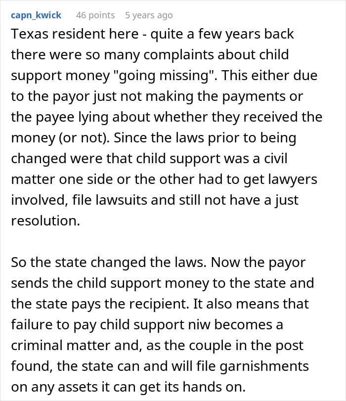 Text about changes in Texas child support laws and state intervention in cases of payment failure.