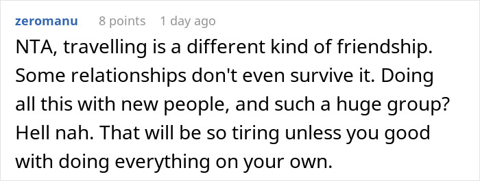 Reddit comment discussing the challenges of traveling with a large group of strangers.