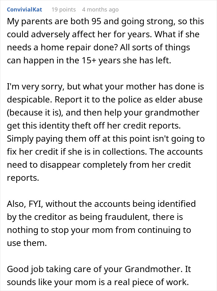 Text about fraud advice regarding a grandmother suspecting identity theft by her own daughter.