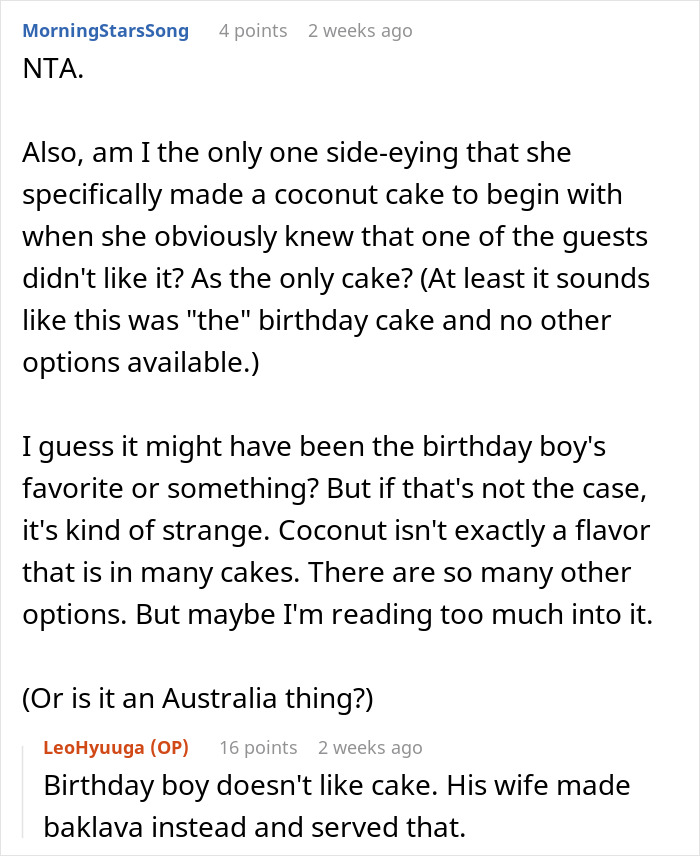 Text discussion about a birthday party focusing on a coconut cake choice, with mention of the birthday boy preferring baklava.