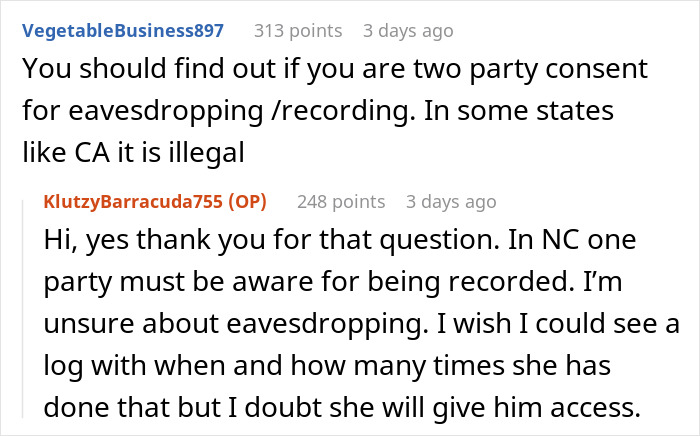 Reddit users discuss legalities of spying, referencing two-party consent and eavesdropping laws.