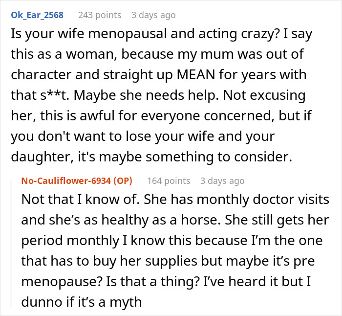 Reddit comments discussing a woman's behavior possibly being influenced by menopause.