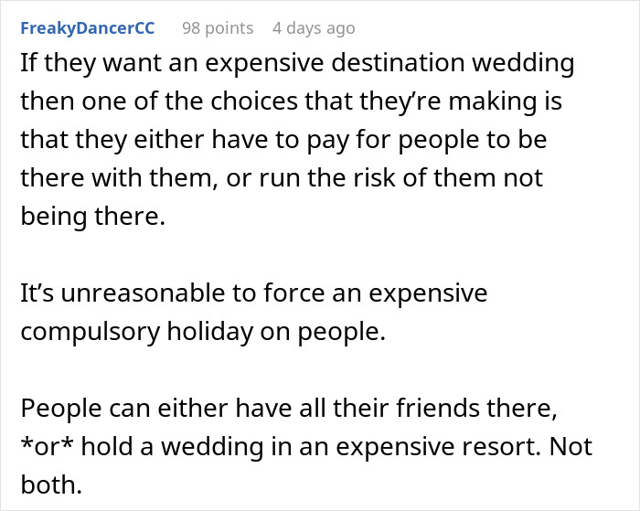 Text discussing challenges of affording destination weddings for groomsmen, highlighting financial burdens and guest choices.