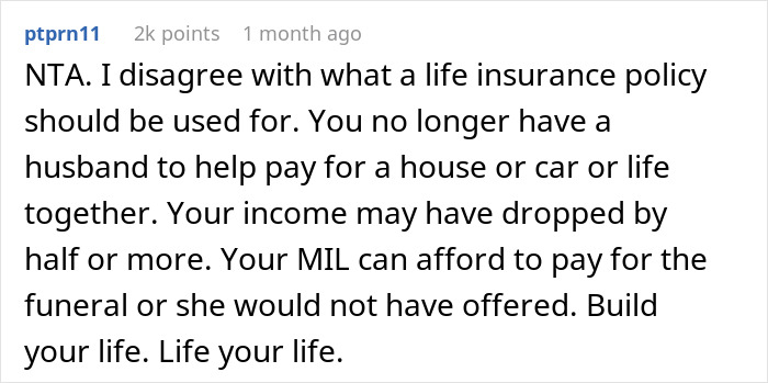 Comment discussing life insurance policy and funeral costs responsibility.