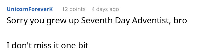 Reddit comment discussing Seventh Day Adventist upbringing, related to wedding date and bride situation.