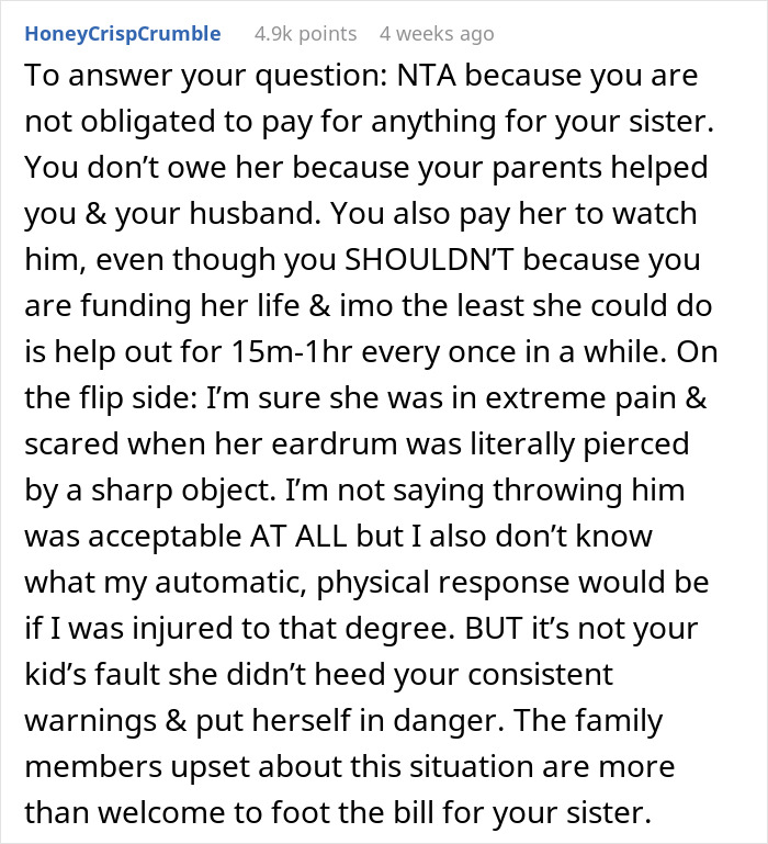 Reddit comment discussing refusing to pay for sister’s college and a toddler's concussion incident.