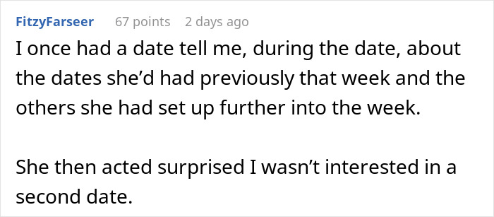 Text about a date where a girl mentions other dates during the week, causing the guy's lack of interest in a second date.