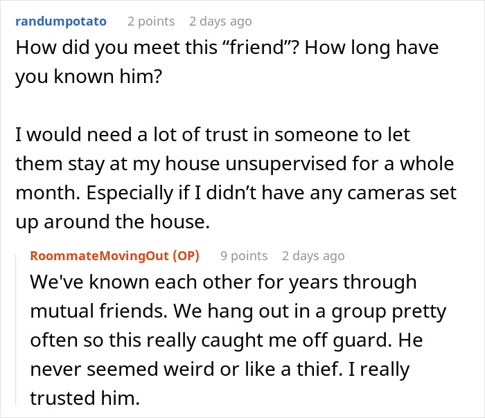 Text exchange discussing trust issues with a friend-roommate who stole stuff from an apartment.