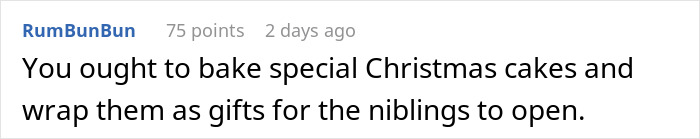 Reddit comment suggesting kids-revenge by baking Christmas cakes as gifts for niblings.