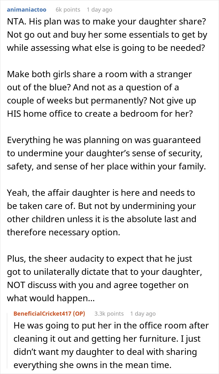 Reddit comments discussing a mother's refusal to accommodate husband's affair baby, emphasizing family dynamics.