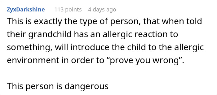 Comment discussing concerns over a child's allergic reaction related to a grandmother.