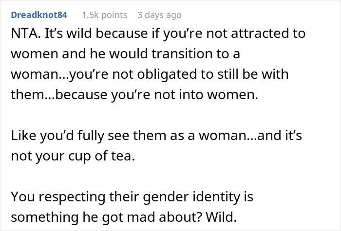 Screenshot of a discussion post about refusing a dating relationship due to partner's gender transition.