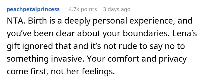 Reddit comment discussing boundaries and a gift seen as creepy and invasive.