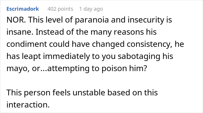 Accusation of girlfriend plotting to poison over mayo consistency in online comment thread.