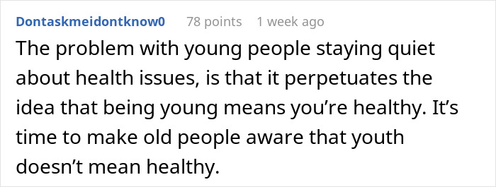 Reddit comment discussing health misconceptions among young people related to fat-shaming.