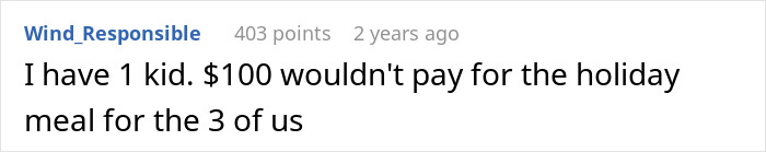 Reddit comment about holiday costs, stating $100 is insufficient for a family meal.