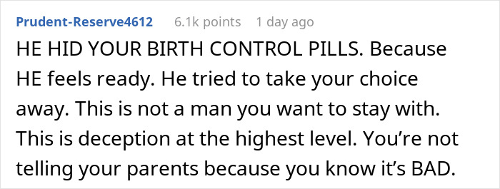 Text about deception and boyfriend hiding birth control pills.