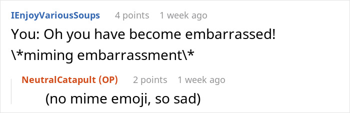 Reddit comment about miming embarrassment, humorously noting the absence of a mime emoji. Fat-shaming comeback context.