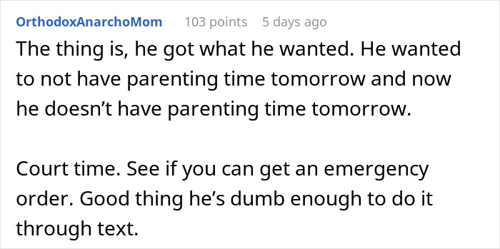 Text exchange about parenting time and emergency court order related to leaving baby alone at ex's door.