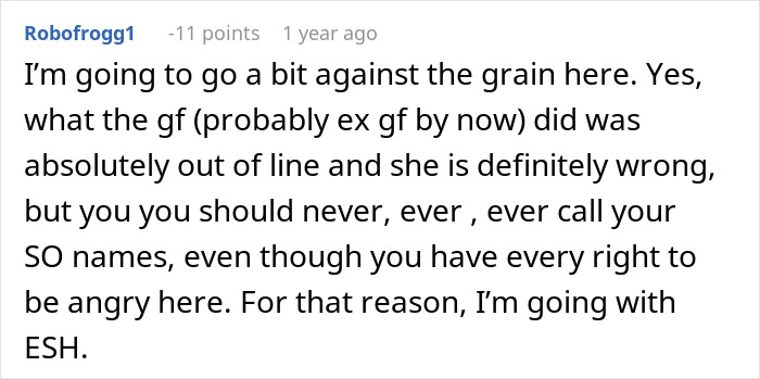 Comment discussing calling girlfriend mean names and lying test, reflecting on relationship boundaries.