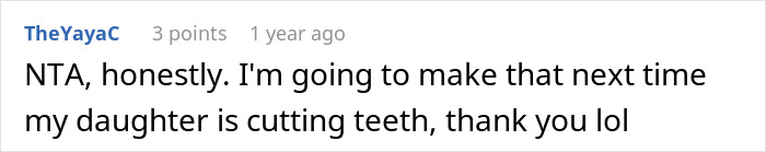 Text comment about making something for a daughter's teething.