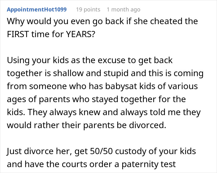 Comment discussing a cheating wife and relationship advice from a Reddit user.