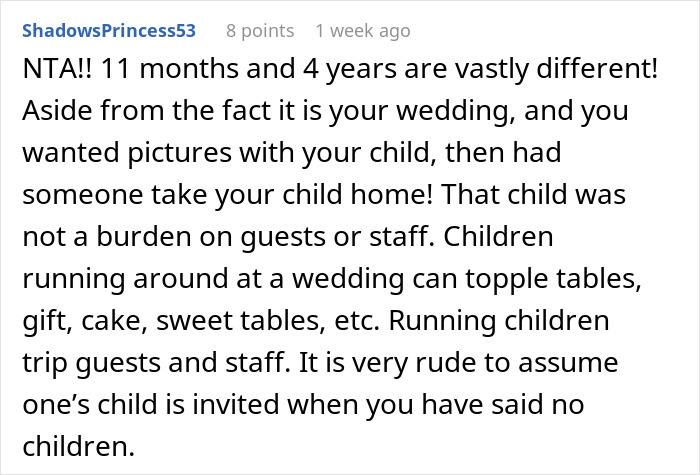 Text from a user, ShadowsPrincess53, discussing children at weddings.