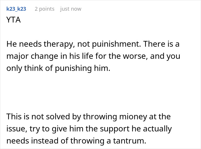 Screenshot of a comment discussing a son with a wheat allergy needing support, not punishment.