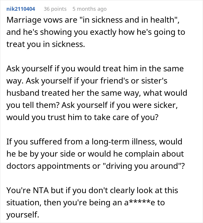 Text discussing relationship expectations and trust during illness, highlighting the husband's defensiveness.