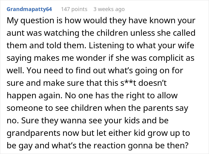 Text comment discussing aunt and grandparents' drama about allowing children visits.