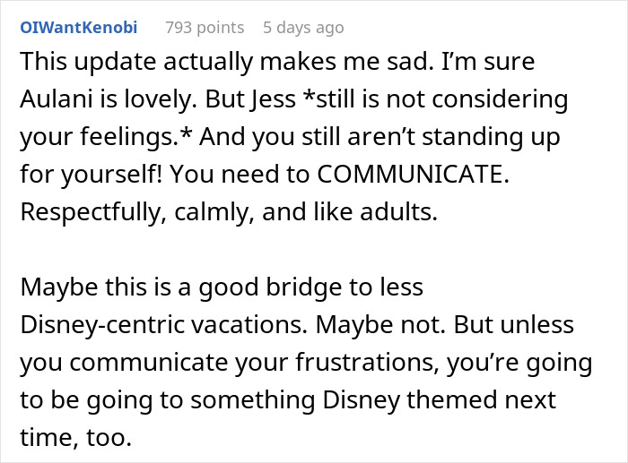 Comment discussing a man's suggestion to visit Hawaii instead of another Disney trip, encouraging better communication.