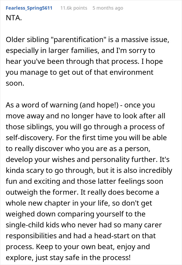 Comment discussing parentification in large families and self-discovery after moving out at 18.