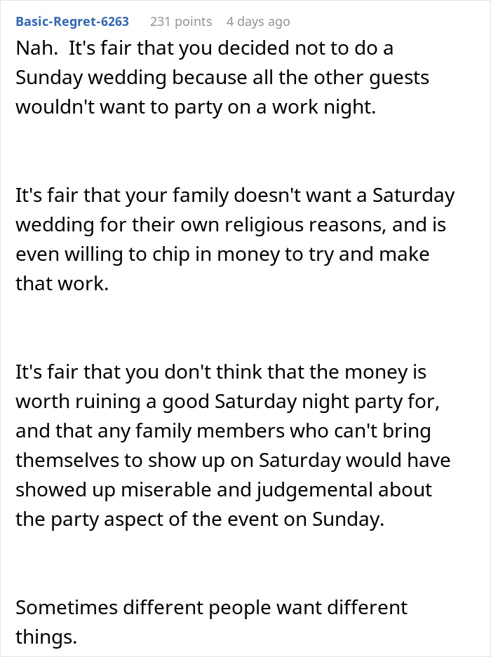 Text discussing family offering money to change wedding date due to religious reasons, balancing guest preferences.