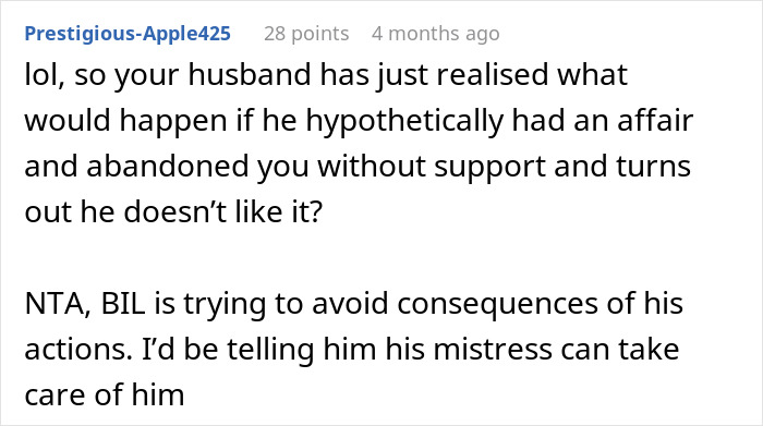 Reddit comment about a man facing consequences after abandoning his family for a mistress.