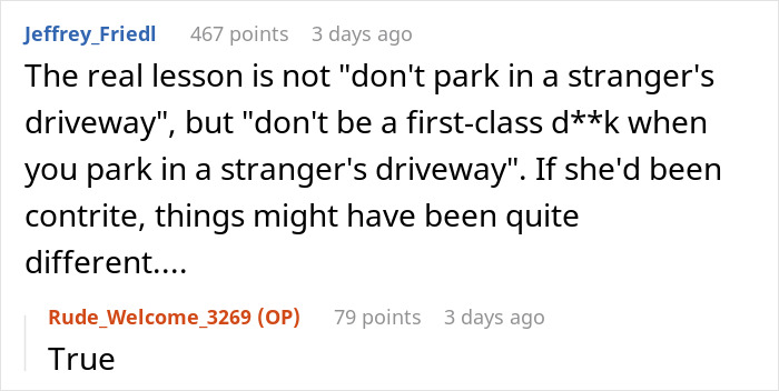 Reddit comment discussing the lesson about parking in strangers' driveways.