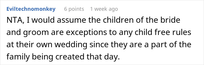 Comment on Reddit about bride's child exemption at a child-free wedding.