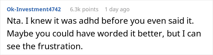 Reddit comment discussing ADHD in relation to marriage frustration and apology.