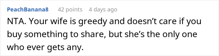 Comment highlighting a fruit-obsessed wife\'s behavior, discussing greed and sharing fruit portions.