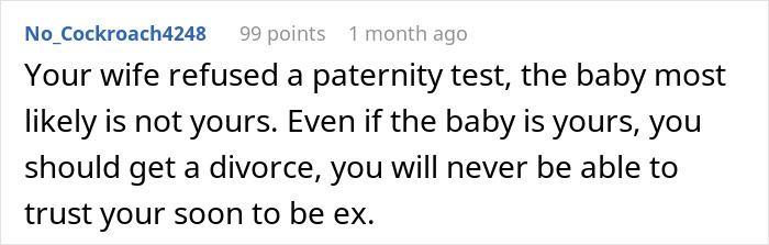 Comment on paternity test refusal amid cheating wife drama and trust issues.