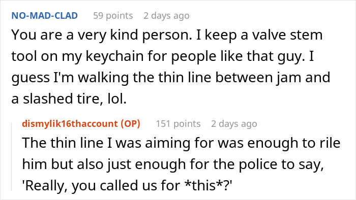 Reddit comments discussing a woman's creative response to illegal parking, with humor about balancing police involvement.