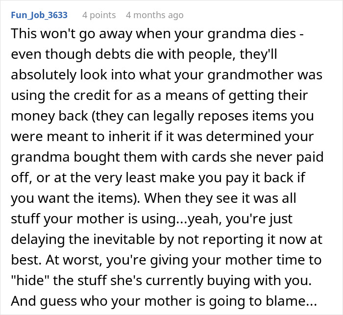 Text discussing debt implications when a grandmother uncovers nearly $20,000 fraud by her daughter.