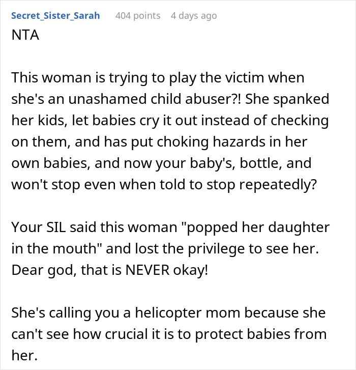 Text discussing why a woman does not allow MIL to see baby, highlighting safety concerns and past behavior.