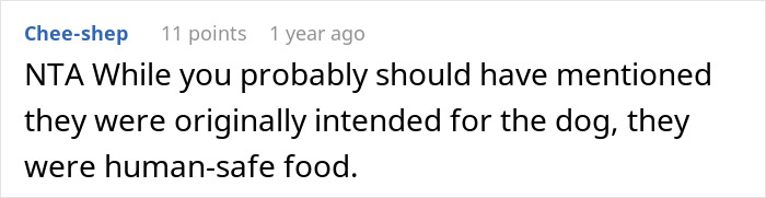 Screenshot of a Reddit comment by user Chee-shep discussing dog treats and human-safe food.