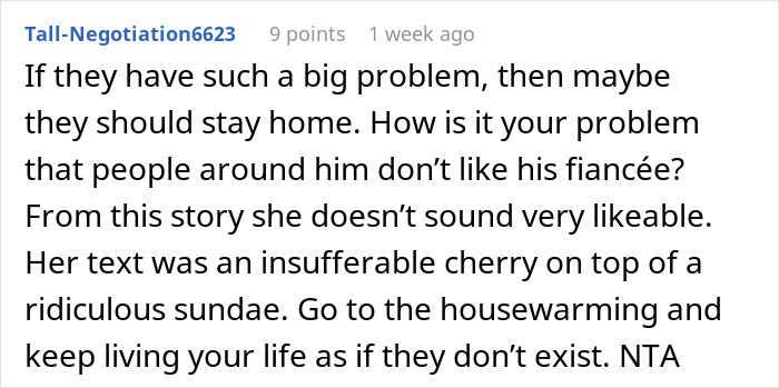 Text message criticizing an ex's demand to skip a housewarming party to avoid awkwardness.