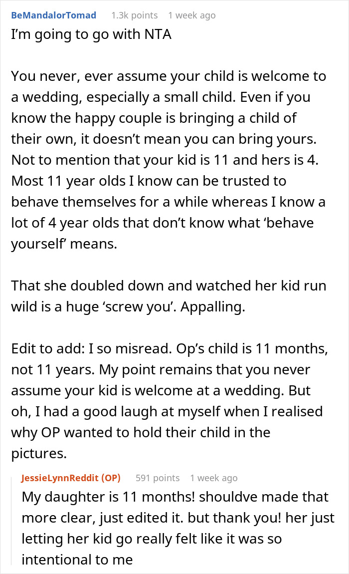 Reddit comments discussing a bride being called hypocritical for bringing her baby to a child-free wedding.