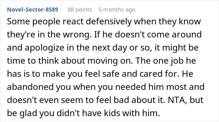 Comment discussing husband being defensive after leaving wife during surgery.