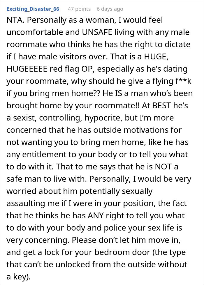 Text message discussing a woman's refusal to allow a roommate's boyfriend to move in, citing safety concerns and controlling behavior.