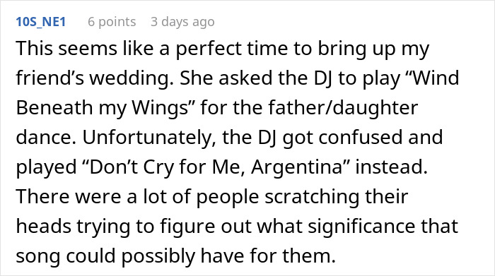 Text message about a DJ mix-up at a wedding, mistakenly playing "Don't Cry for Me, Argentina" instead of a father-daughter dance song.