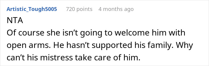 Reddit comment discussing a man's abandonment of his family for his mistress.