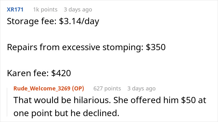 Reddit discussion showing fees related to a parking dispute, including a "Karen fee" of $420.